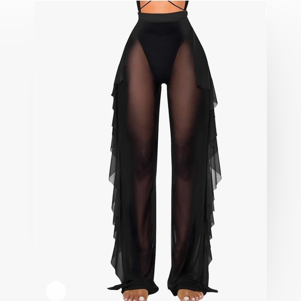 Women's Ruffle Sheer Mesh Swimwear Bikini Cover Up Pants See Through